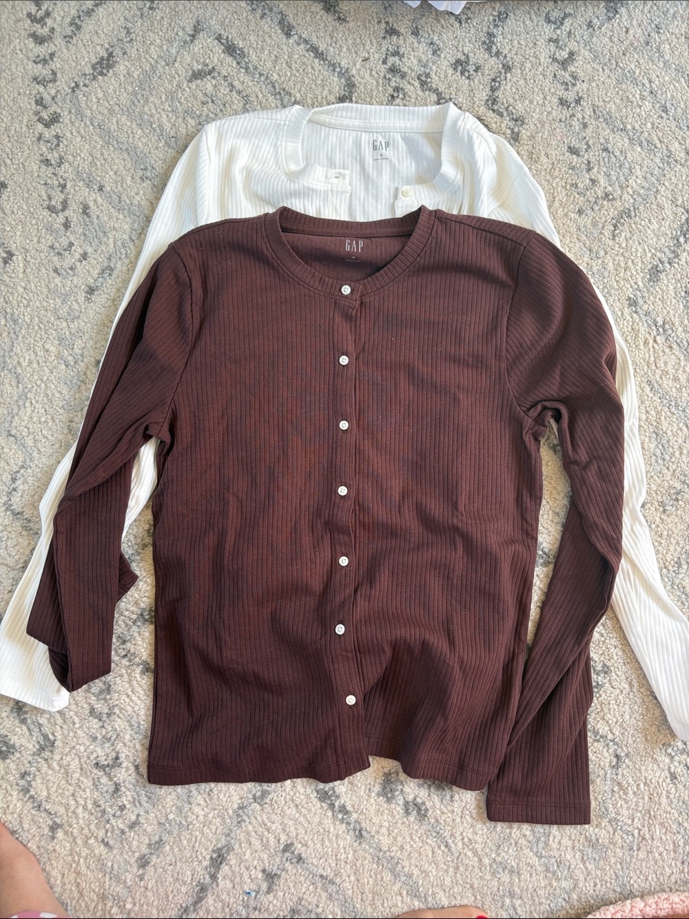 GAP Ribbed Button-Up Cardigan in Dark Brown and Cream